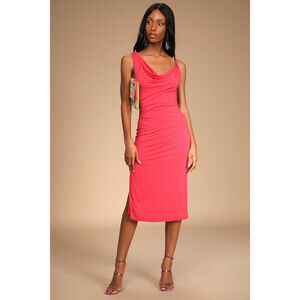 Lulus My Best Side Bright Coral Asymmetrical Cowl Neck Midi Dress Pink - Size L